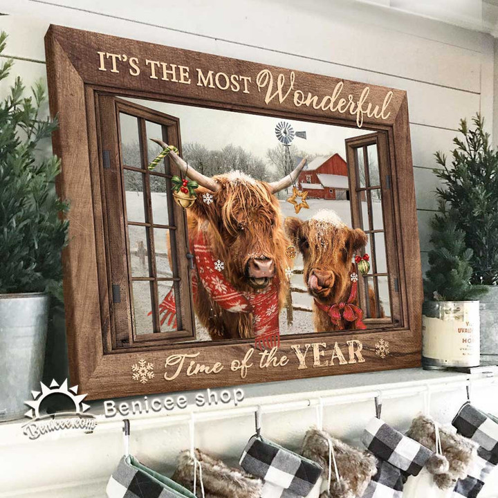 Frame Christmas Farmhouse Wall Art, Highland Cattle in Christmas, Rustic Farmhouse Canvas Art, It's The Most Wonderful Time