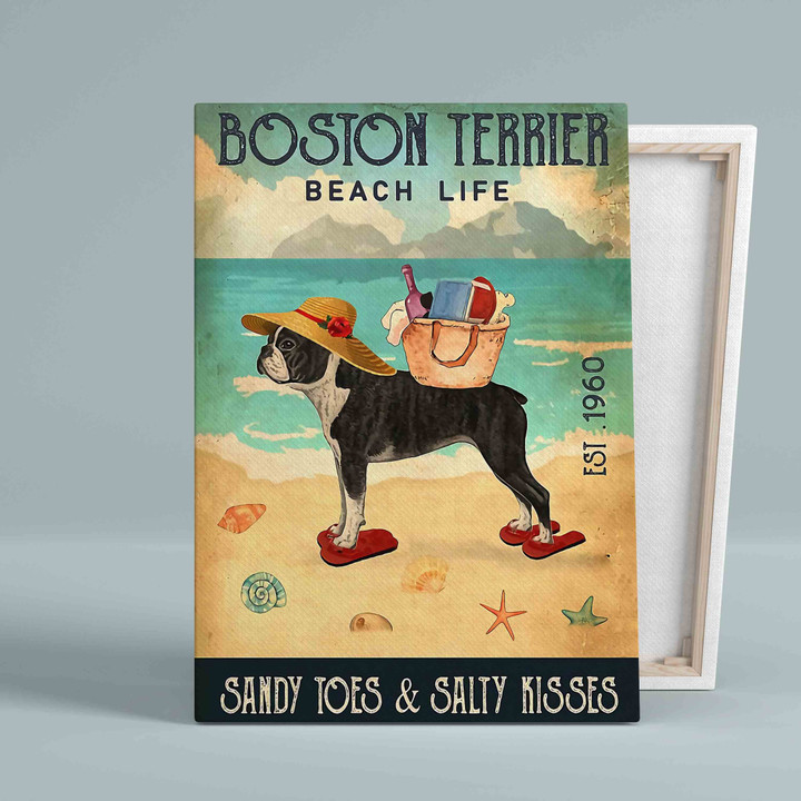 Boston Terrier Beach Life Canvas, Sandy Toes Salty Kisses Canvas, Beach Canvas, Dog Lover Canvas