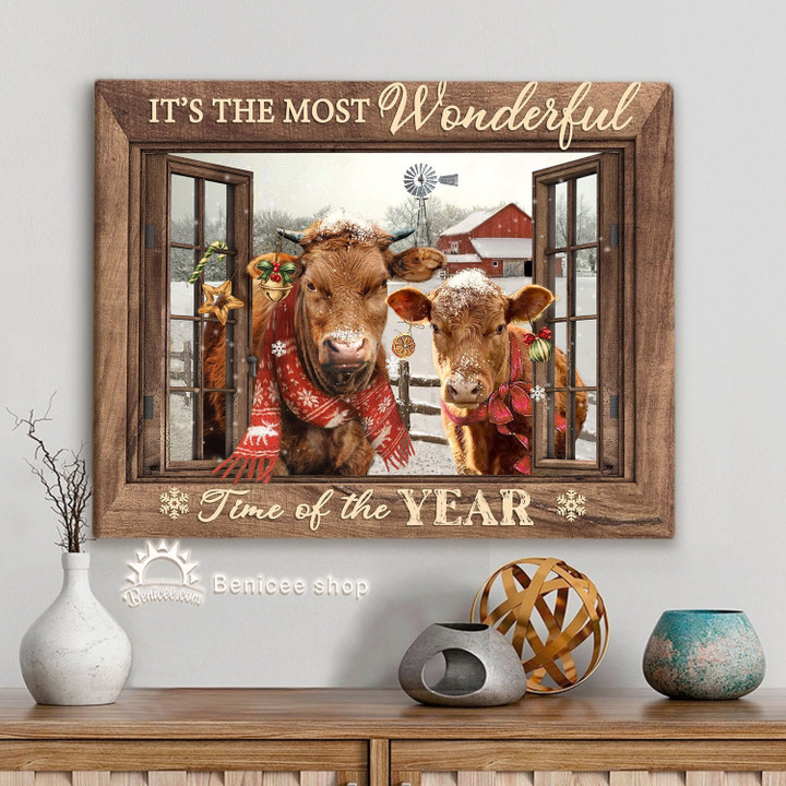 Frame Christmas Farmhouse Wall Art, Red Angus Cattle in Christmas, Rustic Farmhouse Canvas Art, It's The Most Wonderful Time