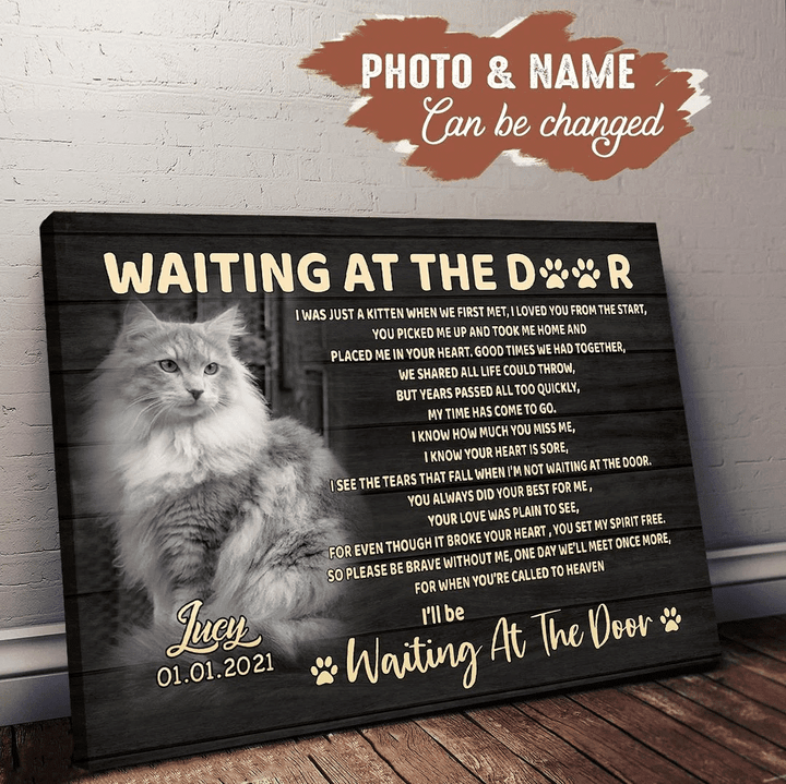 Waiting At The Door Cat Poem Personalized Cat Memorial Gift Wall Art Horizontal Poster Canvas Framed Print