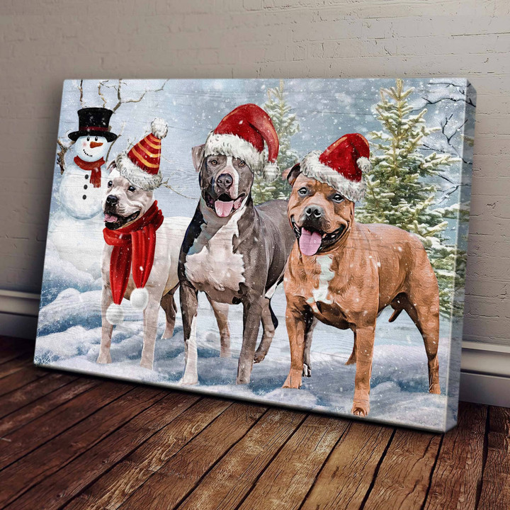 Pitbull wearing Santa hat - Dog Landscape Canvas Prints, Wall Art