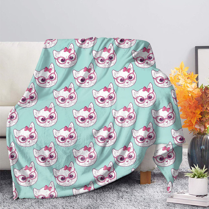 Girly Cat With Glasses Pattern Print Blanket