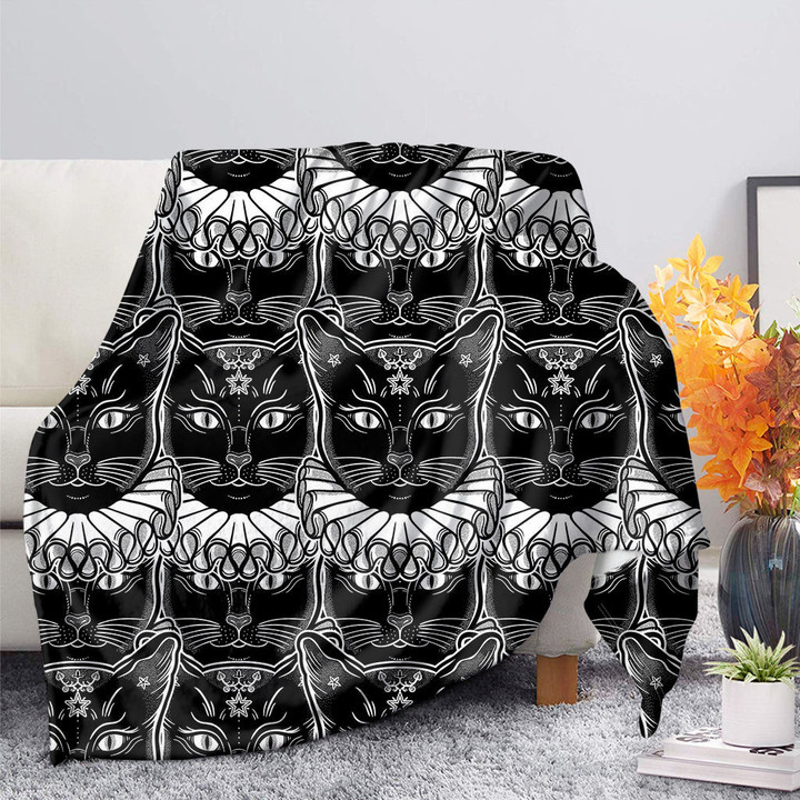 Black And White Gothic Wiccan Cat Print Blanket