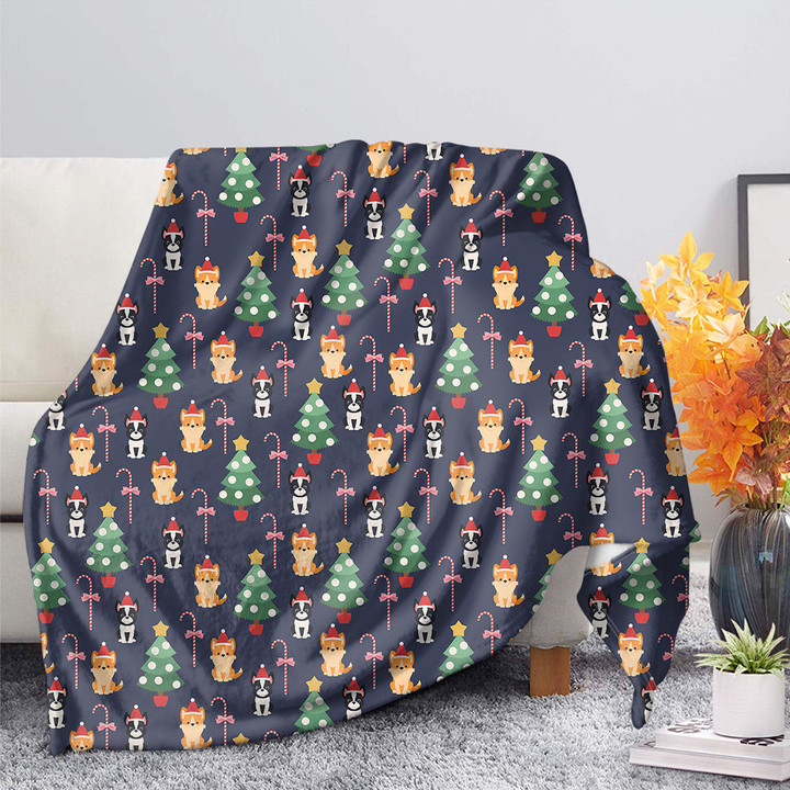 Christmas Boston Terrier And Corgi Print Blanket