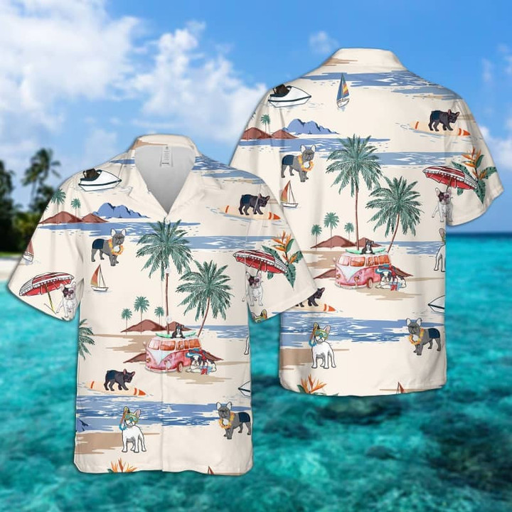 French Bulldog Summer Beach Hawaiian Shirt, dog beach Short Sleeve Hawaiian Shirt