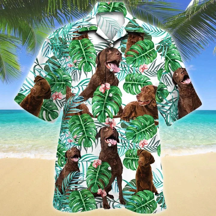 Green And White Theme Chesapeake Bay Retriever Dog Tropical Plant Hawaiian Shirt