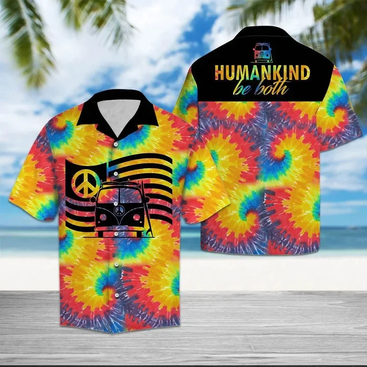 Hippie Car Humankind Be Both Peace Sign Flag On Swirl Tie Dye Hawaiian Shirt
