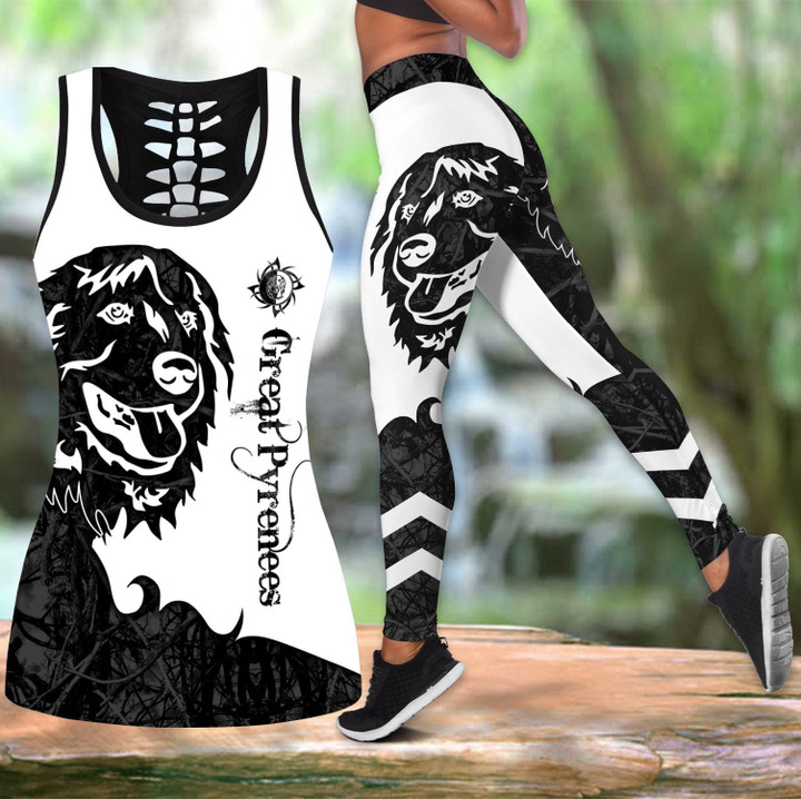 Black great pyrenees tattoos Combo Hollow Tank Top & Legging Set Printed 3D Sport Yoga Fitness Gym Women DD09222003S