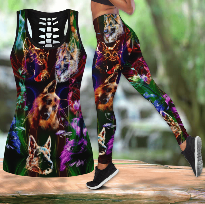 German shepherd colorful Combo Hollow Tank Top & Legging Set Printed 3D Sport Yoga Fitness Gym Women JJW16092003S