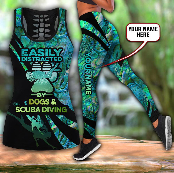 Scuba diving custom name Combo Hollow Tank Top & Legging Set Printed 3D Sport Yoga Fitness Gym Women