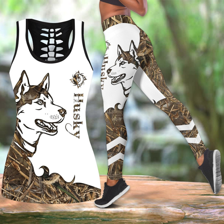 Husky brown tattoos Combo Hollow Tank Top & Legging Set Printed 3D Sport Yoga Fitness Gym Women DD08122001S3