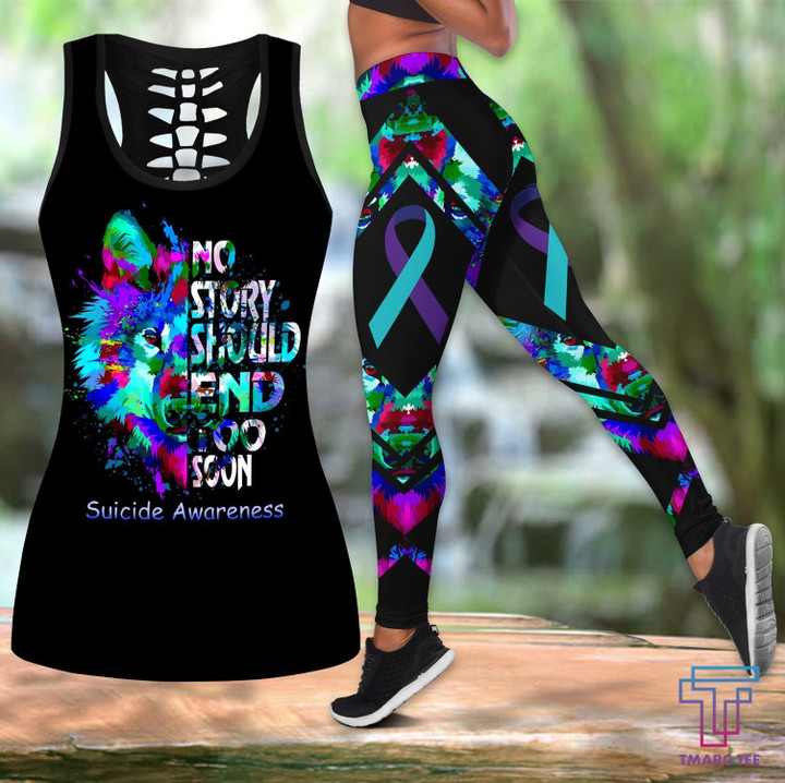 Suicide prevention ribbon Combo Hollow Tank Top & Legging Set Printed 3D Sport Yoga Fitness Gym Women HAC090501