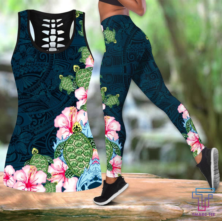 Turtle hawaii hibiscus Combo Hollow Tank Top & Legging Set Printed 3D Sport Yoga Fitness Gym Women HAC230401
