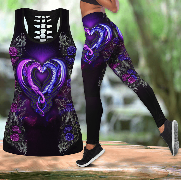 Dragon purple couples Combo Hollow Tank Top & Legging Set Printed 3D Sport Yoga Fitness Gym Women