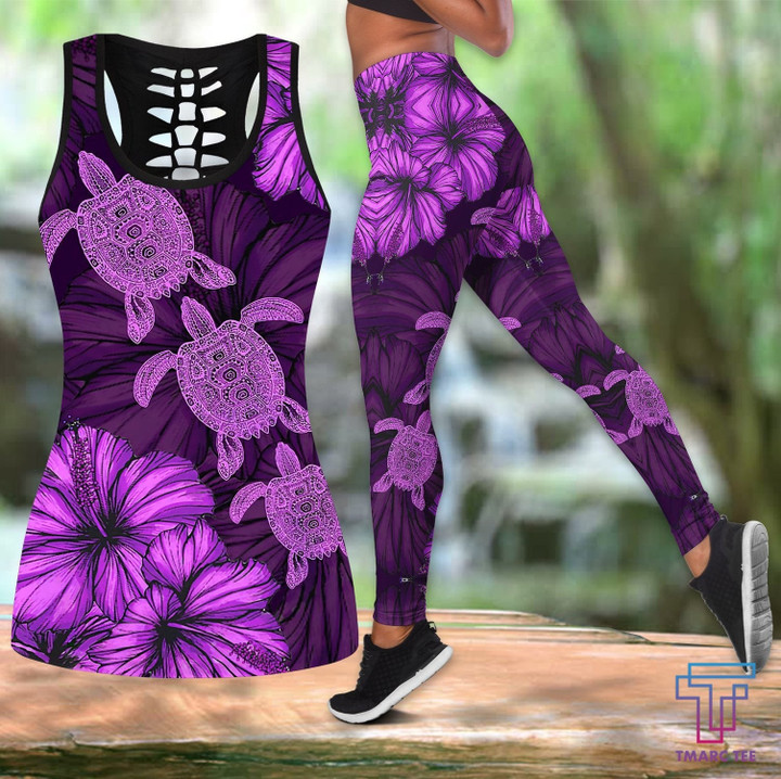 Purple turtle Combo Hollow Tank Top & Legging Set Printed 3D Sport Yoga Fitness Gym Women HAC170404S1