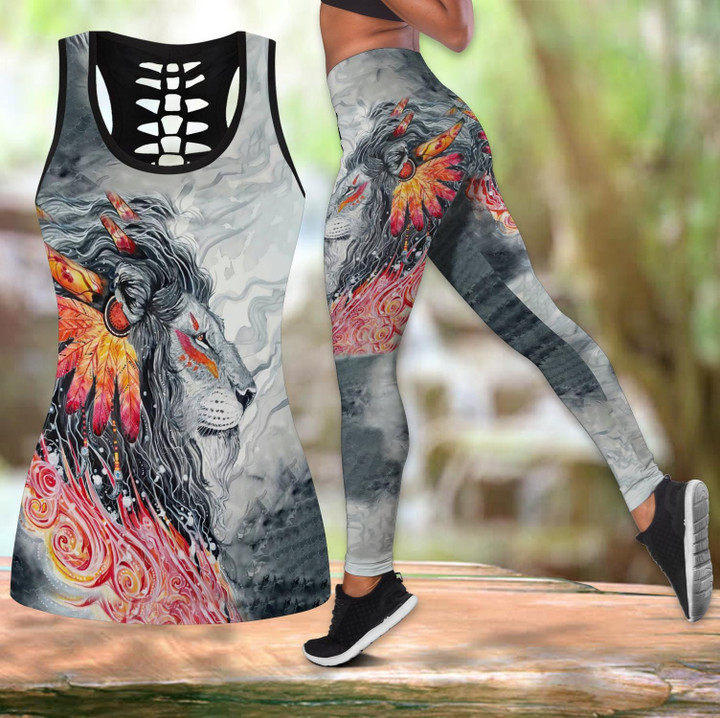 Lion Native Combo Hollow Tank Top & Legging Set Printed 3D Sport Yoga Fitness Gym Women for Women