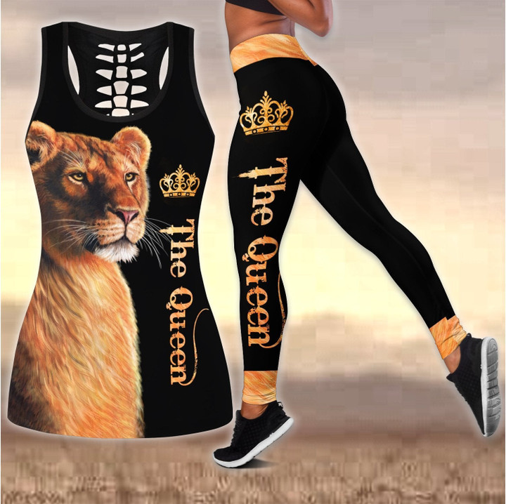 Lion Queen Combo Hollow Tank Top & Legging Set Printed 3D Sport Yoga Fitness Gym Women for women