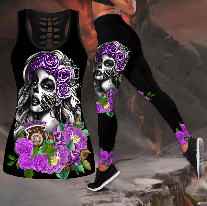 Skull Girl Biker Combo Hollow Tank Top & Legging Set Printed 3D Sport Yoga Fitness Gym Women outfit