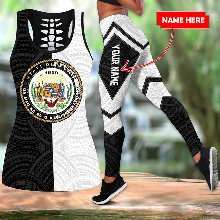 Hawaii black & white custom name Combo Hollow Tank Top & Legging Set Printed 3D Sport Yoga Fitness Gym Women
