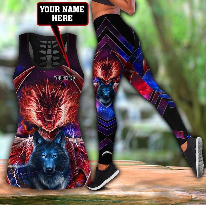 Dragon and wolf Combo Hollow Tank Top & Legging Set Printed 3D Sport Yoga Fitness Gym Women custom name ver2