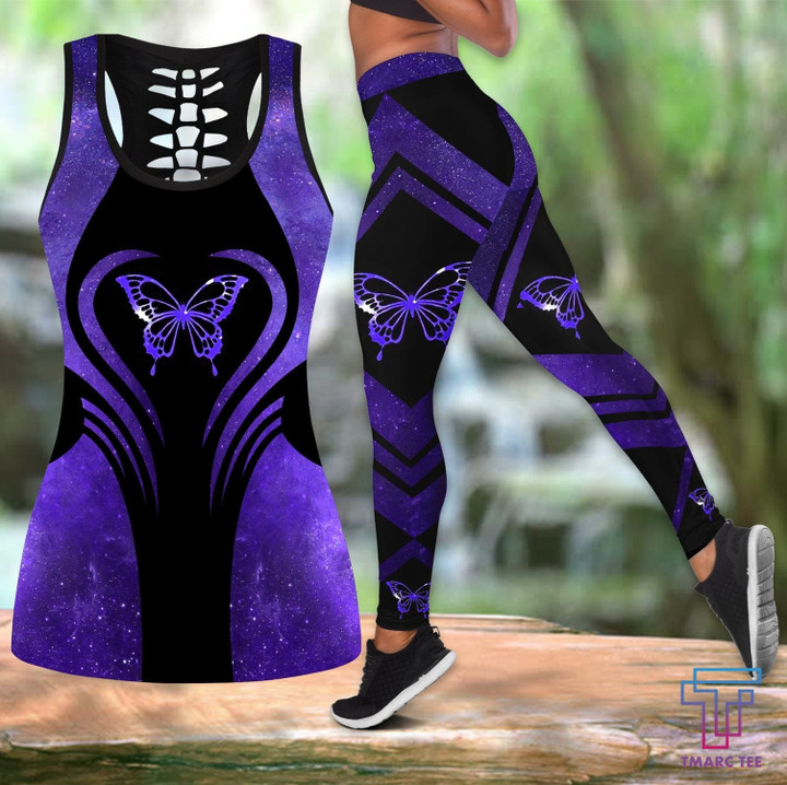 Purple butterfly Combo Hollow Tank Top & Legging Set Printed 3D Sport Yoga Fitness Gym Women HAC150402