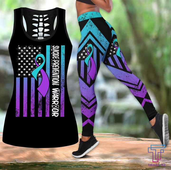 Suicide prevention ribbon Combo Hollow Tank Top & Legging Set Printed 3D Sport Yoga Fitness Gym Women HAC260409
