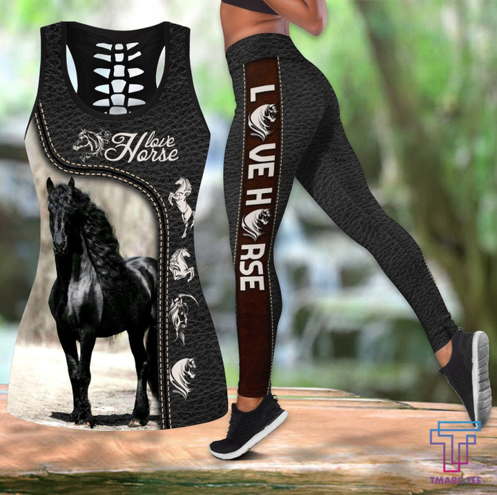 Love Horse Combo Hollow Tank Top & Legging Set Printed 3D Sport Yoga Fitness Gym Women Pi150403