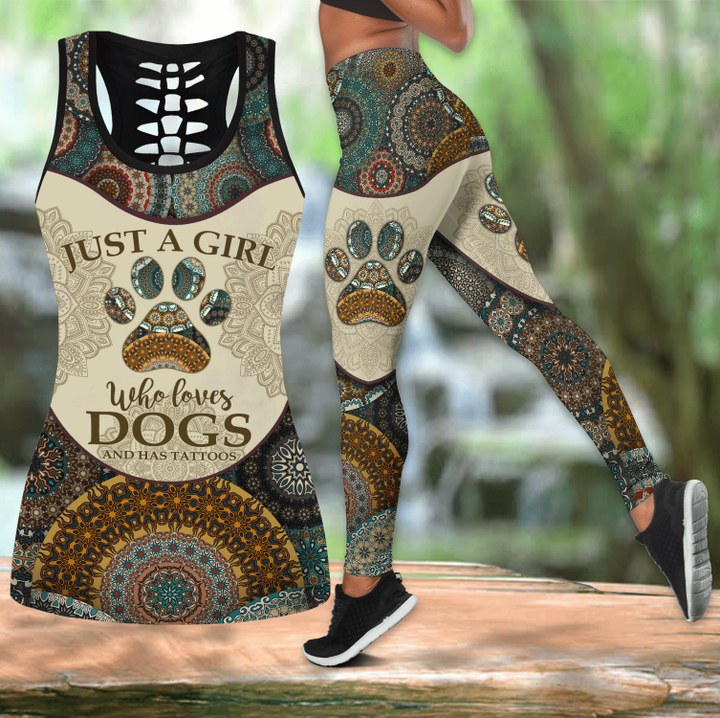 Boho girl loves dogs tattoos Combo Hollow Tank Top & Legging Set Printed 3D Sport Yoga Fitness Gym Women HAC140903