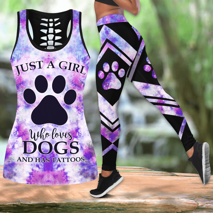 Colorful girl loves dogs tattoos Combo Hollow Tank Top & Legging Set Printed 3D Sport Yoga Fitness Gym Women HAC140905