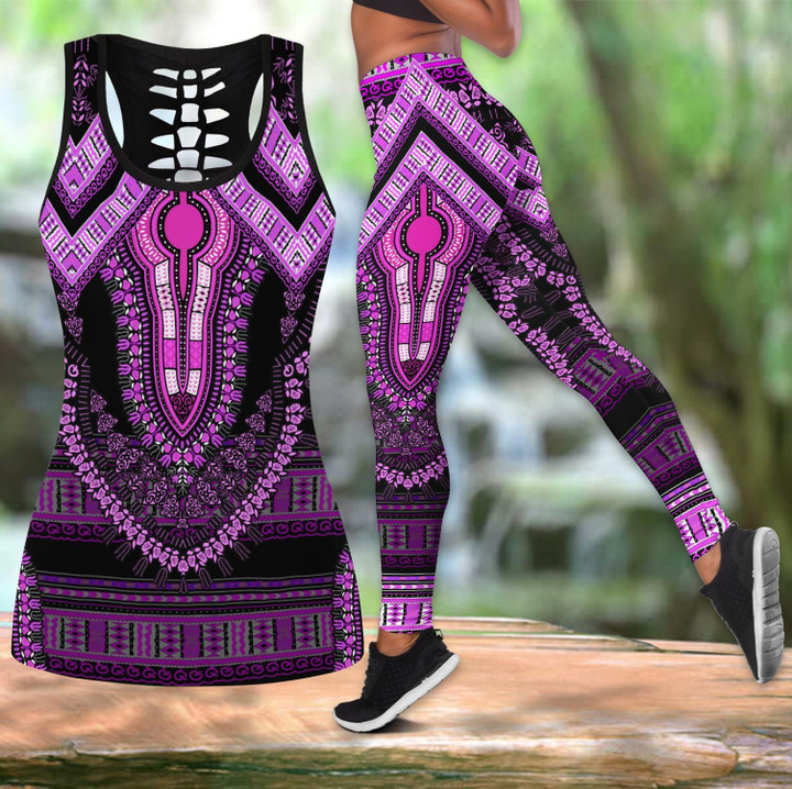 African Purple Pattern Combo Hollow Tank Top & Legging Set Printed 3D Sport Yoga Fitness Gym Women-ML
