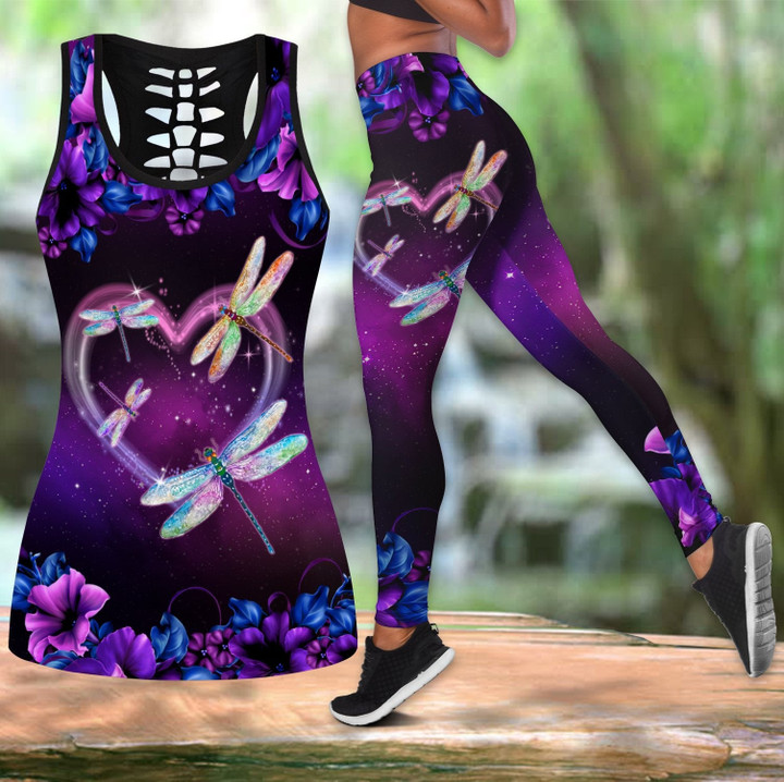 Beautiful Dragonflies Combo Hollow Tank Top & Legging Set Printed 3D Sport Yoga Fitness Gym Women DQB08292001