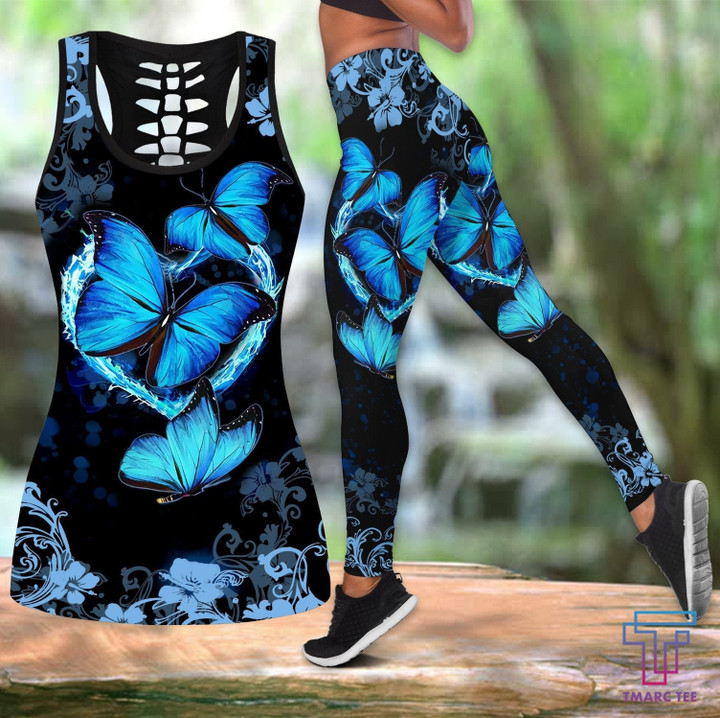 Butterfly Combo Hollow Tank Top & Legging Set Printed 3D Sport Yoga Fitness Gym Women HG41311