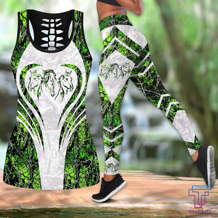 Beautiful Horse Combo Hollow Tank Top & Legging Set Printed 3D Sport Yoga Fitness Gym Women Pi300303B