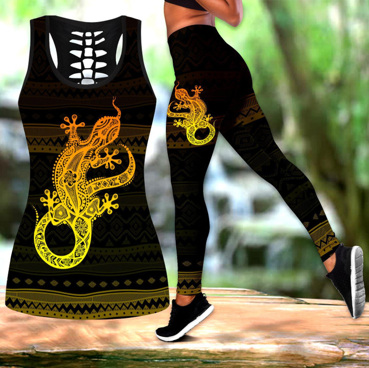 African Golden Gecko Combo Hollow Tank Top & Legging Set Printed 3D Sport Yoga Fitness Gym Women-ML