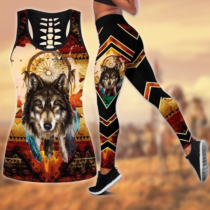 Wolf Native American 3D All Over Printed Combo Hollow Tank Top & Legging Set Printed 3D Sport Yoga Fitness Gym Women