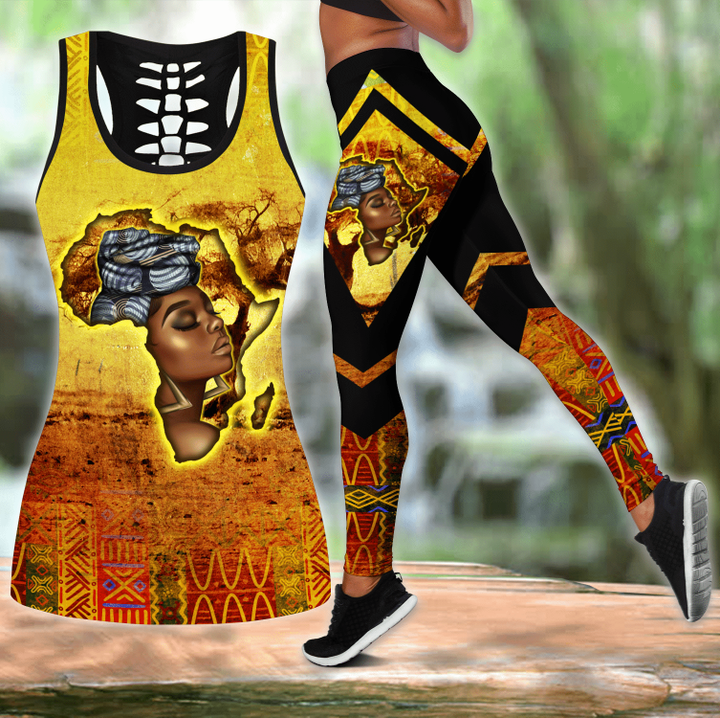 Africa Combo Hollow Tank Top & Legging Set Printed 3D Sport Yoga Fitness Gym Women A