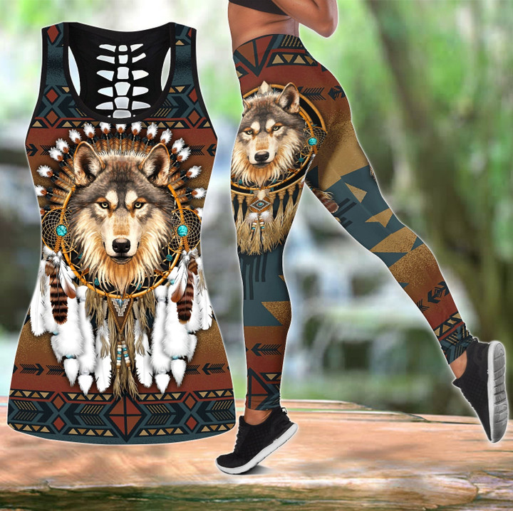 Wolf Native American 3D All Over Printed Unisex Combo Legging and Hollow Tank