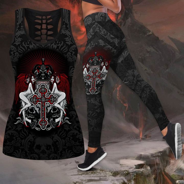Gothic sign with skull tattoos Combo Hollow Tank Top & Legging Set Printed 3D Sport Yoga Fitness Gym Women outfit HHT14082002