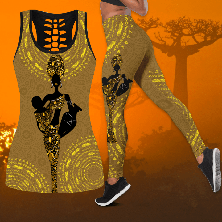 Africa Combo Hollow Tank Top & Legging Set Printed 3D Sport Yoga Fitness Gym Women DA