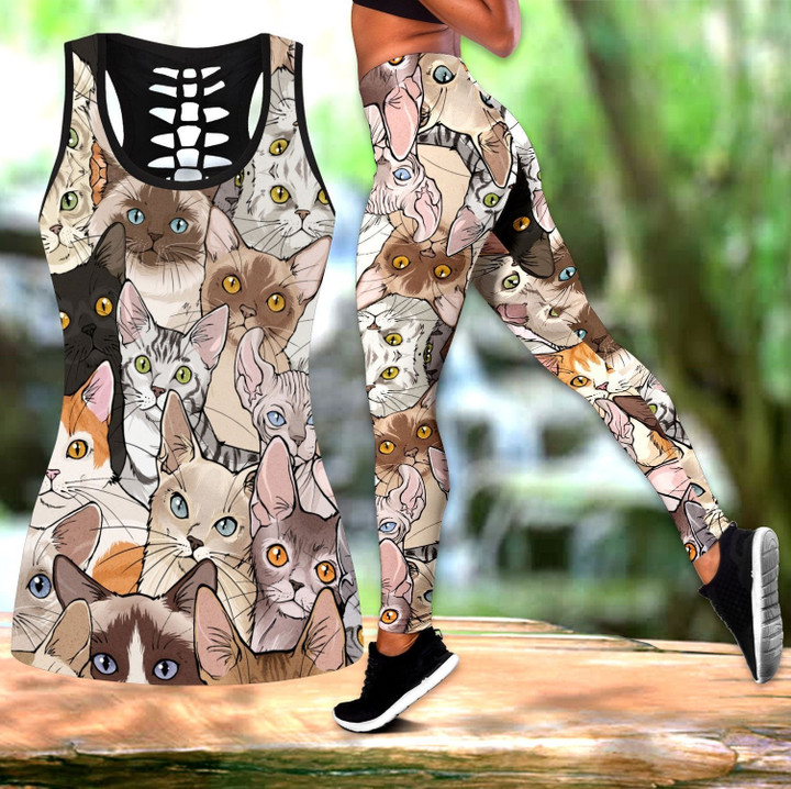 Cat Lover Combo Hollow Tank Top & Legging Set Printed 3D Sport Yoga Fitness Gym Women legging + hollow tank for women PL