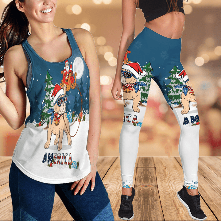 Pitbull & Santa christmas Combo Hollow Tank Top & Legging Set Printed 3D Sport Yoga Fitness Gym Women legging + hollow tank for women PL