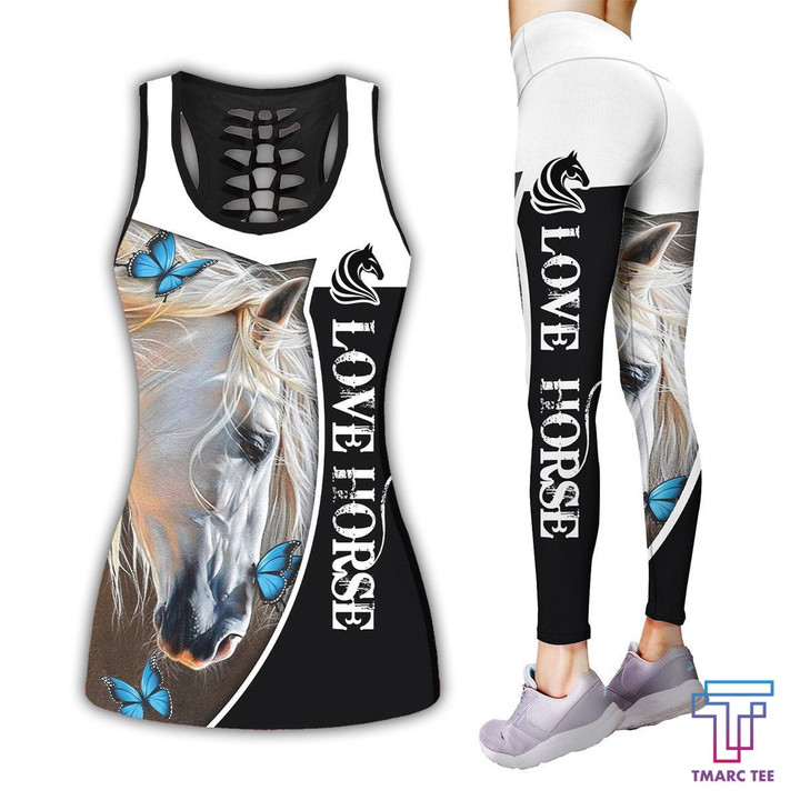 Love Horse Combo Hollow Tank Top & Legging Set Printed 3D Sport Yoga Fitness Gym Women TA061502