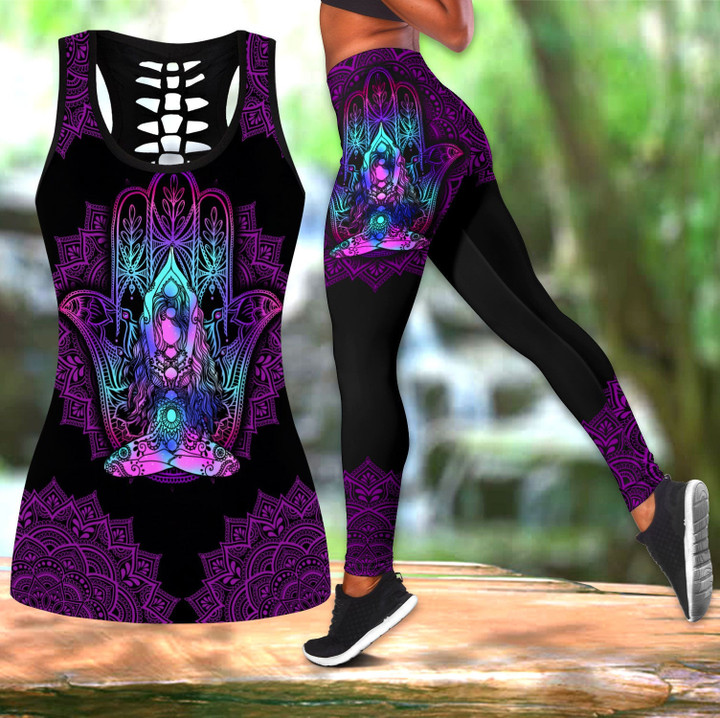 Yoga Combo Hollow Tank Top & Legging Set Printed 3D Sport Yoga Fitness Gym Women