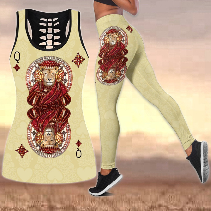 Lion Queen Poker 3D All Over Printed Combo Hollow Tank Top & Legging Set Printed 3D Sport Yoga Fitness Gym Women for Women