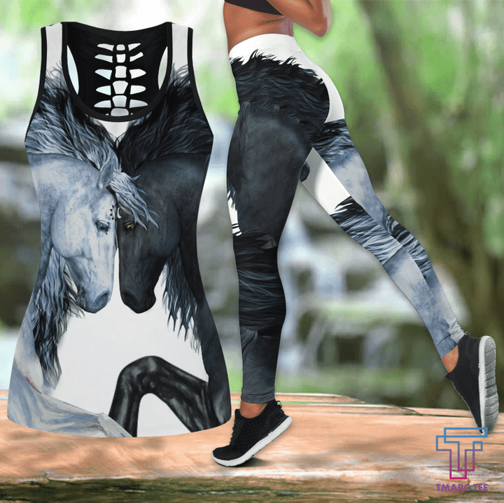 Love Horse Combo Hollow Tank Top & Legging Set Printed 3D Sport Yoga Fitness Gym Women JJ110401