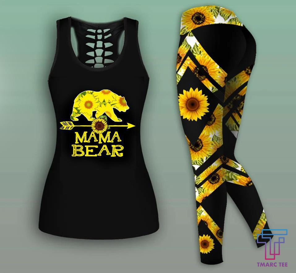 Mama Bear Combo Hollow Tank Top & Legging Set Printed 3D Sport Yoga Fitness Gym Women TA04282001