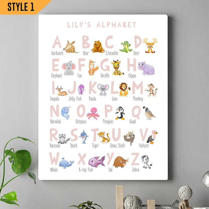 Personalized Animal Alphabet Baby Home Decor Gift Wall Art Vertical Poster Canvas Framed Print