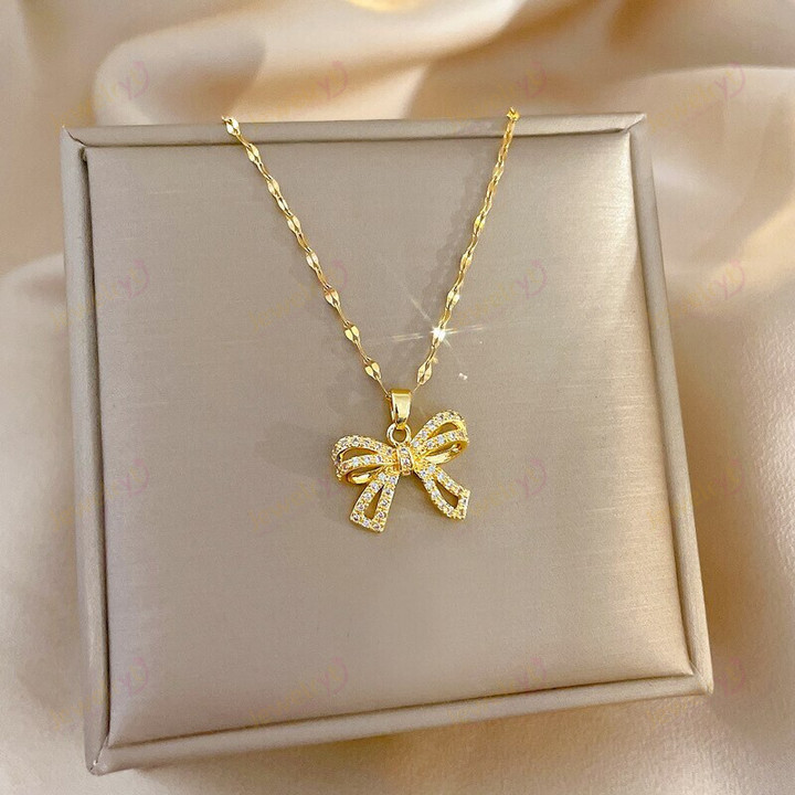 Sparkling Zirconia Bowknot Pendant Necklace For Women, Clavicle Chain Jewelry Gifts