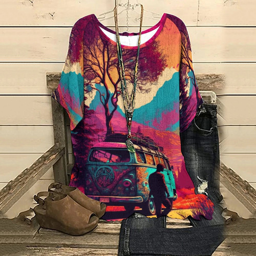 Women's Boho Art Hippie Printing Top Vintage Pullover Summer Loose Short Sleeves Oversized Y2k Tee T Shirt Streetwear Female