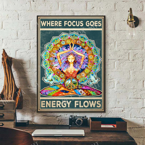 Yoga Poster - Where Focus Goes Energy Flows Poster, Vintage Yoga Girl Wall Art, Namaste Chakra Poster, Hippie Soul Print